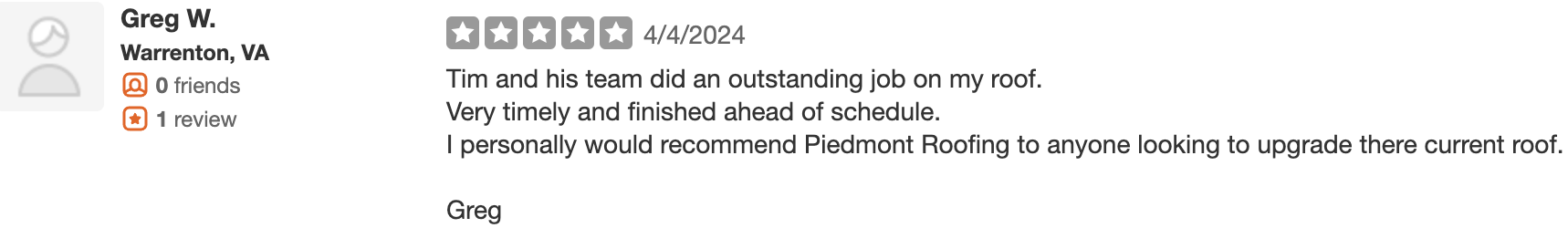 Piedmont Roofing Yelp Review